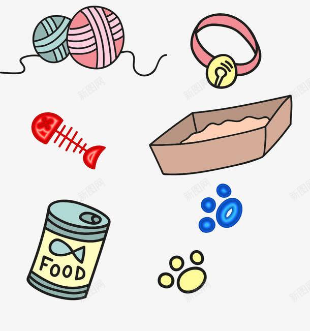 宠物玩具和食物png免抠素材_88icon https://88icon.com 卡通 宠物店 彩色毛球 毛线球 狗爪子 白色鱼骨 项圈 鱼骨头