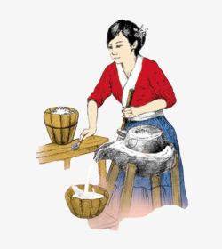 手绘古典磨豆浆的女人素材