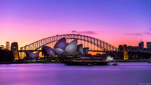 悉尼歌剧院夕阳晚上天空河面背景