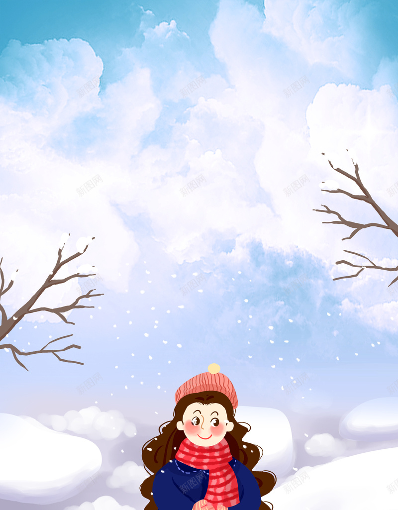 手绘小姑娘雪中散步jpg设计背景_88icon https://88icon.com 小女孩 手绘雪景 树枝 积雪背景 绿叶 装饰元素