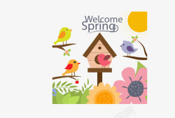 卡通春季鸟和花卉矢量图素材