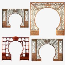 圆形拱门镂空雕花的月洞门高清图片