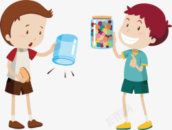 空瓶子两个男孩手中的玻璃罐子矢量图高清图片