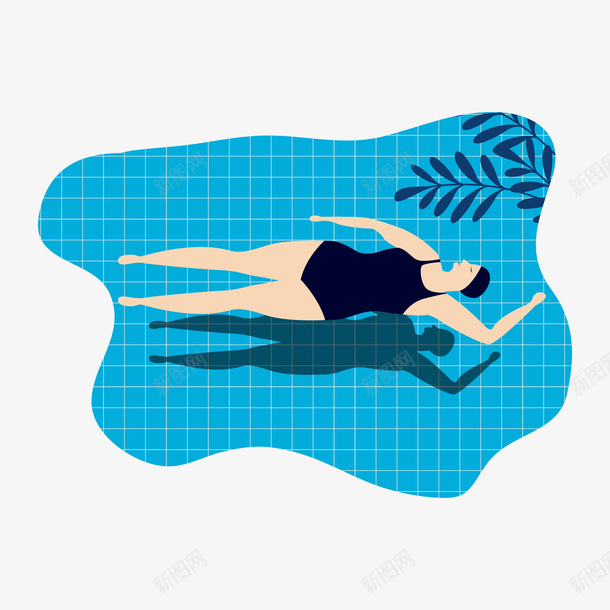 蓝色扁平化游泳元素png免抠素材_88icon https://88icon.com 卡通插画 扁平化 方格 树叶 植物 游泳 灰色 纹理 蓝色