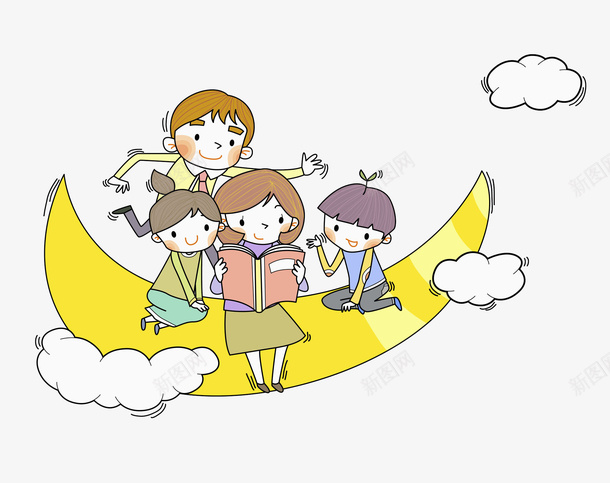 月亮上的孩子png免抠素材_88icon https://88icon.com 云彩 卡通 学习 小草 插图 看书 认真的 黄色的