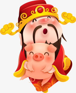 财神爷抱着猪卡通财神爷抱猪装饰图案矢量图高清图片
