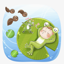 小蝌蚪卡通卡通穿青蛙玩偶服躺在荷叶上的小高清图片