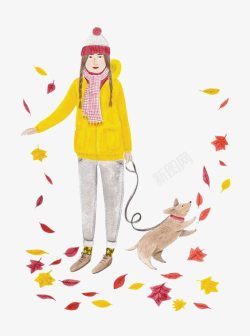 卡通公园秋天风景遛狗的女孩高清图片