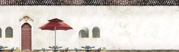 复古文艺墙面户外浪漫咖啡厅桌椅太阳伞背景