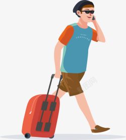 旅行人物打电话拉着行李的人高清图片