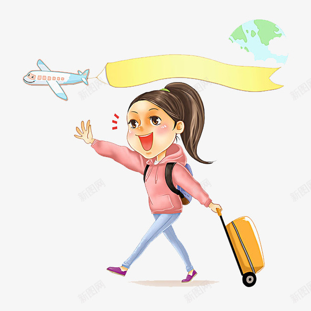 拉行李箱的女孩png免抠素材_88icon https://88icon.com 卡通 女孩 红色 绿色 行李箱 飞机 马尾 黄色