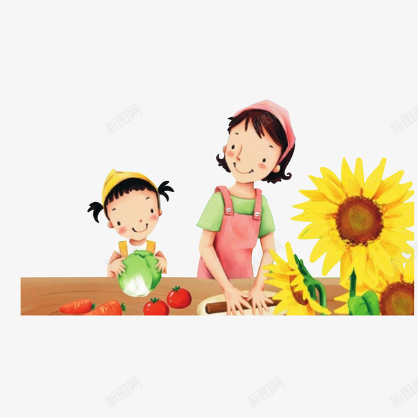 和妈妈一起做饭的小女孩png免抠素材_88icon https://88icon.com 剥菜的小女孩 向日葵 孩子做家务 西红柿