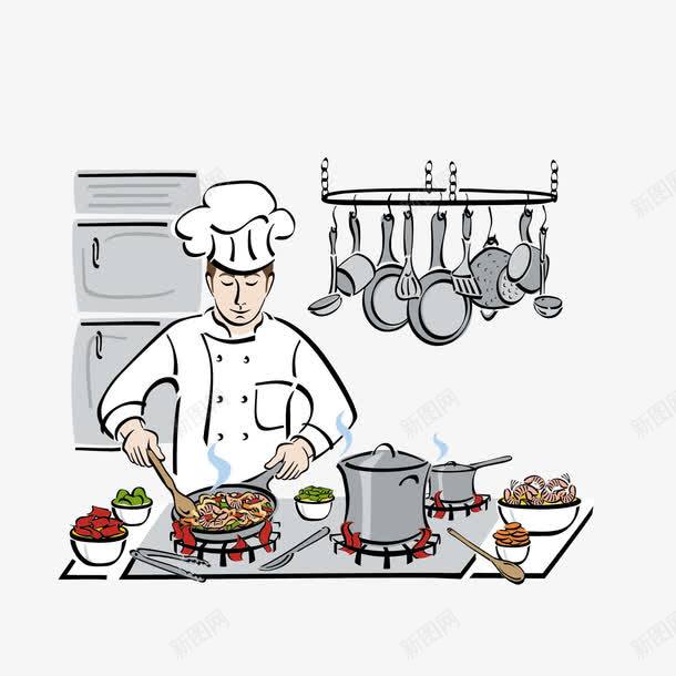 在厨房煮菜的厨师png免抠素材_88icon https://88icon.com 厨房煮饭 厨房简笔画 家庭煮夫 有条不紊 满墙锅铲 男厨师