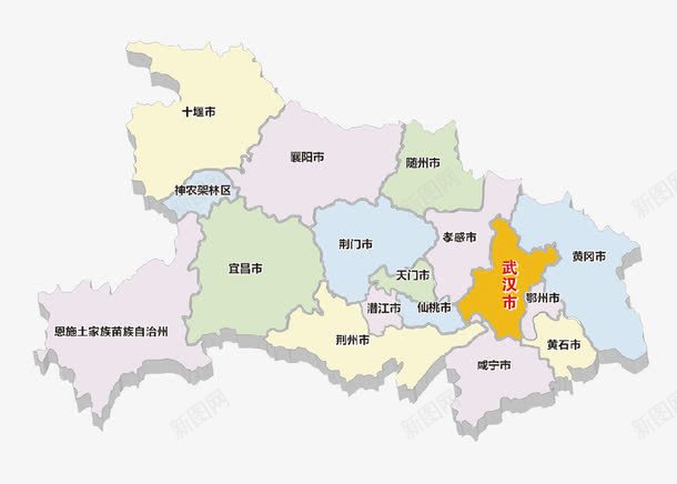 湖北地形图png免抠素材_88icon https://88icon.com 咸宁市 天门市 手绘 武汉市 蓝色的 黄色的