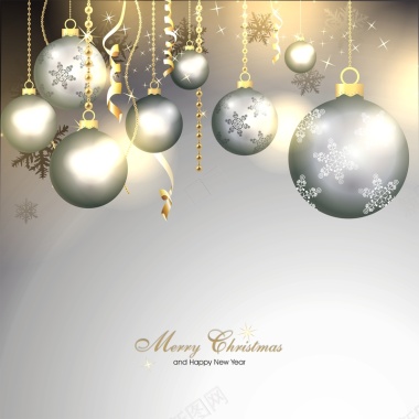 圣诞节华丽吊球金属质感金色丝带矢量背景图背景