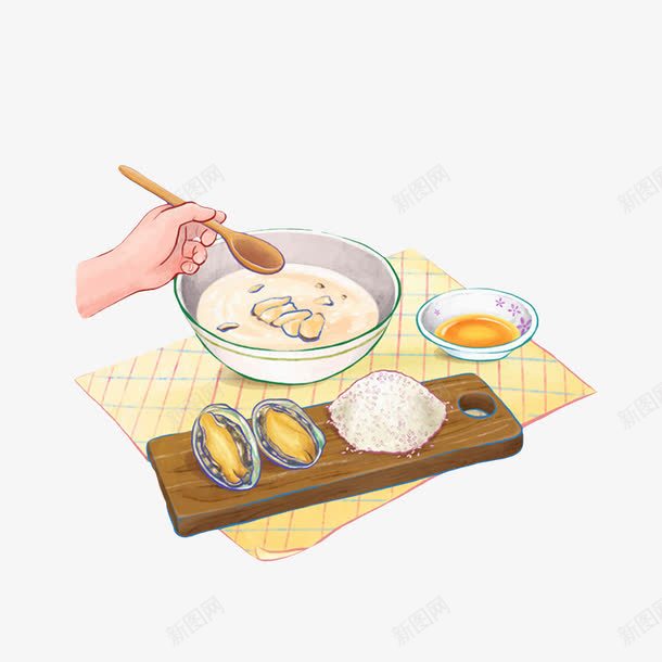 手绘美味奢侈的鲍鱼饭png免抠素材_88icon https://88icon.com 手拿勺子 海鲜盛宴 米粒 美味奢侈 鲍鱼卡通 鲍鱼汁 鲍鱼饭