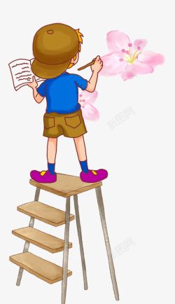 站在梯子上绘画的卡通男孩素材