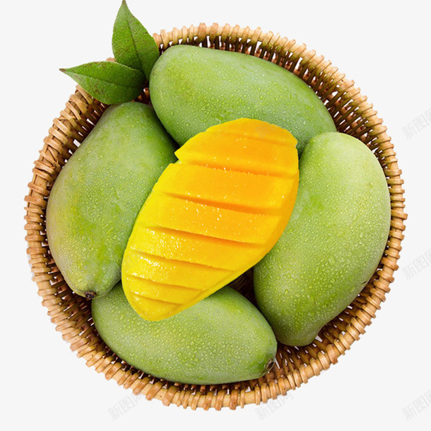 箩筐里的新鲜芒果png免抠素材_88icon https://88icon.com 产品实物 叶子 水果 箩筐 绿叶 芒果 食材 食物