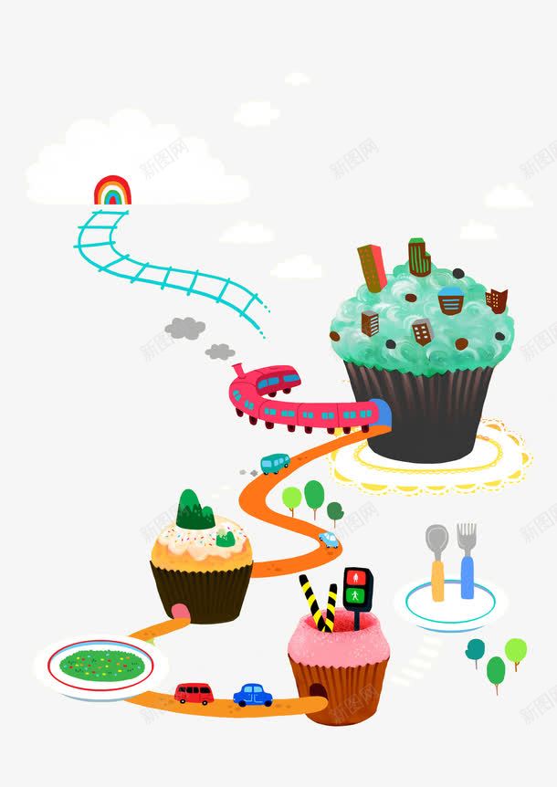 卡通创意蛋糕图png免抠素材_88icon https://88icon.com Q版小火车 创意的 卡通 手绘 插图 火车 蛋糕 轨道 食物