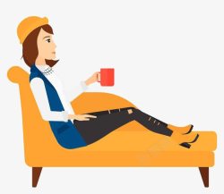 下午茶杯在沙发上休息喝茶的女子高清图片
