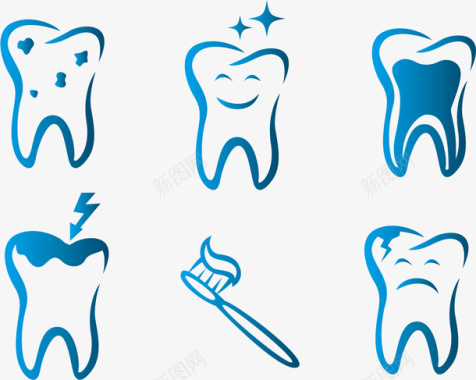 绿色牙齿图标各式蓝色蛀牙图标矢量图图标