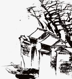 黑色墨迹中国画水乡素材