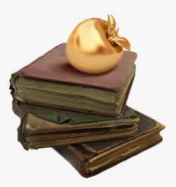 一叠旧书金色苹果压着堆起来的书实物高清图片