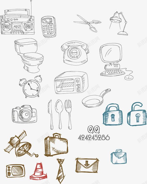日常生活用品图案png免抠素材_88icon https://88icon.com 手绘插图 收音机 电脑 电话 餐具
