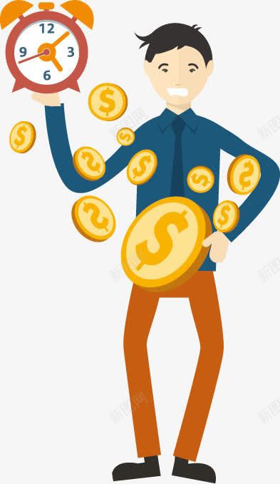 成功商务人士矢量图ai免抠素材_88icon https://88icon.com 人物 惜时如金 时间管理 男子 金币 金钱 闹钟 矢量图