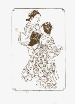 古代日本浮世绘风格女子剪影素材