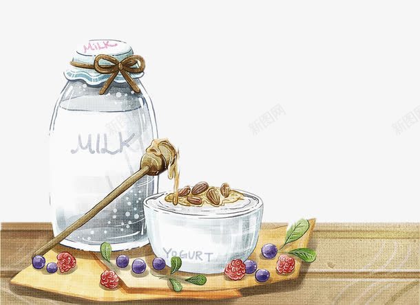 酸奶手绘png免抠素材_88icon https://88icon.com 一碗酸奶 手绘酸奶 牛奶 瓶子 蜂蜜