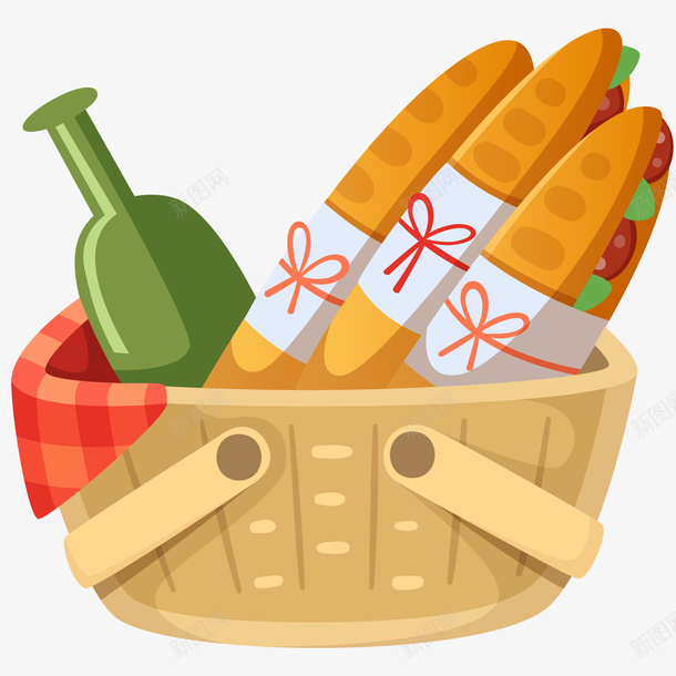 一篮食物插画png免抠素材_88icon https://88icon.com 一篮食物矢量插画 免抠PNG 法棍面包 瓶子 篮子 红酒 面包 食物 饮料