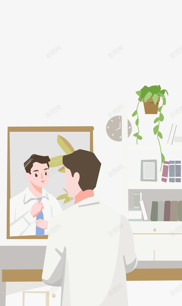 卡通手绘早起洗漱的男人png免抠素材_88icon https://88icon.com 卡通 手绘 早起洗漱的男人 照镜子 照镜子的男人 绿叶装饰 镜子里的人