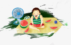 处暑吃西瓜乘凉主题插画素材