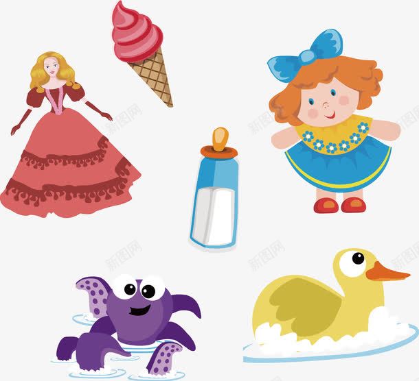 洋娃娃矢量图ai免抠素材_88icon https://88icon.com 儿童泡泡浴 冰淇淋 奶瓶 小黄鸭 换装娃娃 玩具 矢量图