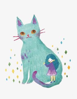 儿童蜡笔画手绘猫和少女高清图片