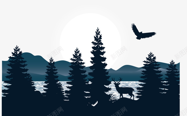 墨色海边景色png免抠素材_88icon https://88icon.com 大海 小鸟 树木 藏羚羊 高山