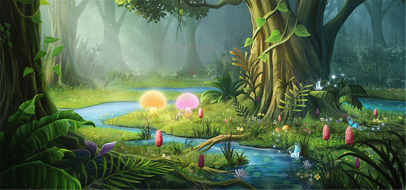 森林蘑菇发光背景jpg设计背景_88icon https://88icon.com 卡通 小河 手绘 森林 海报banner 童趣 绿色 蘑菇