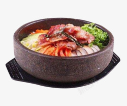 石锅里的食物石锅里的美食泡菜培根拌饭高清图片
