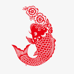红色鲤鱼中国传统剪纸装饰纹样素材