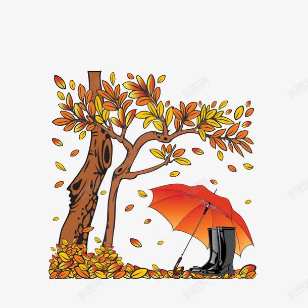 在落叶树下的伞和鞋子png免抠素材_88icon https://88icon.com 枯黄的树叶 满地的落叶 遮着伞的鞋 飘落的枯叶