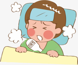 手绘卡通男孩在床上咳嗽素材
