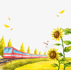 金黄色的草地金黄色卡通火车向日葵高清图片