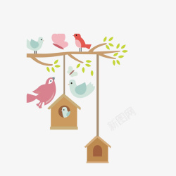 木质房子卡通手绘小鸟的房子高清图片