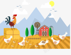 小鸡吃食彩绘牧场矢量图高清图片