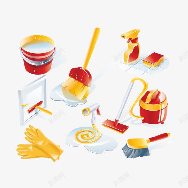 清洁用品矢量图ai免抠素材_88icon https://88icon.com 卫生 吸尘器 垃圾桶 扫把 水桶 清扫 清洁 清洗液 环卫 矢量图