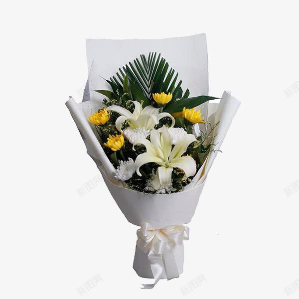 黄色小菊花搭百合花束png免抠素材_88icon https://88icon.com 实物 白色包装 百合 黄色小菊花