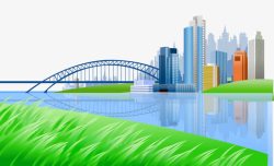 卡通手绘草原江岸上城市桥梁风景素材