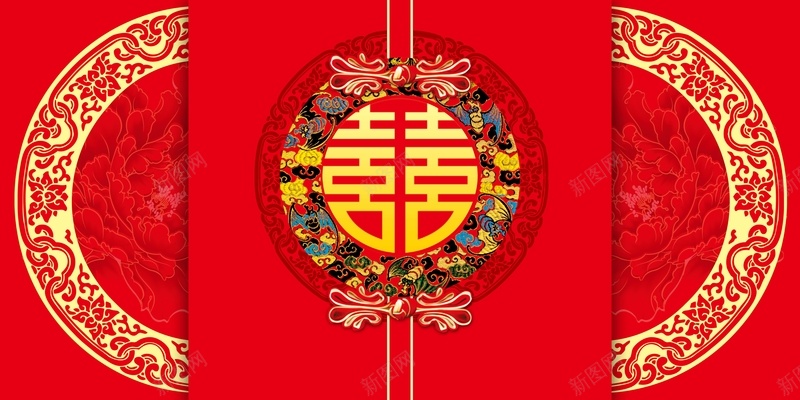 婚庆双喜字结婚舞台背景jpg设计背景_88icon https://88icon.com 中式婚礼 双喜字 喷绘背景 圆形喜字 复古花纹 婚庆 婚庆策划 红色背景 结婚 结婚舞台背景