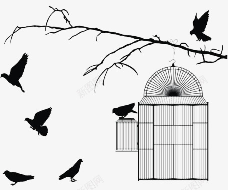 牢笼树梢下面的鸟笼与小鸟图标图标